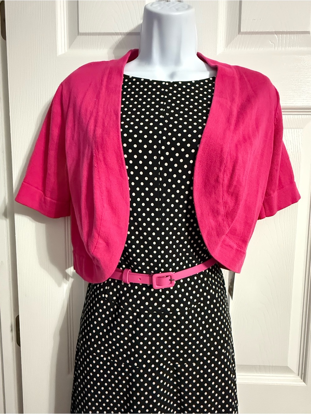 Nine & Co. Black Dress with White Polka Dots and pink sweater size medium
